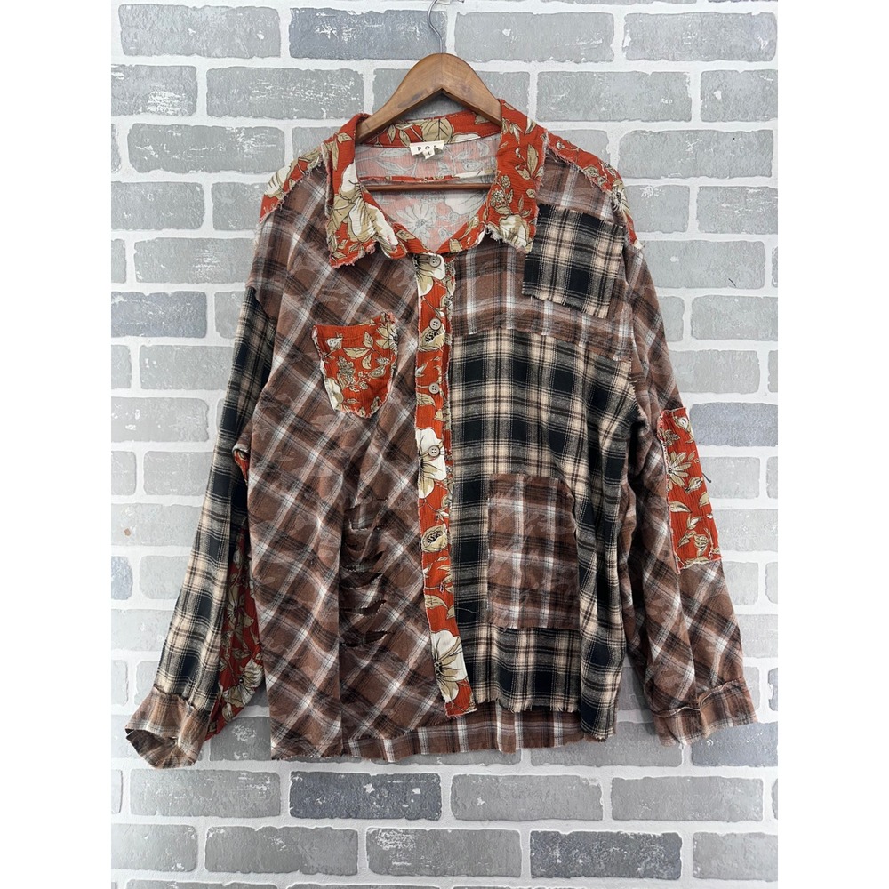 POL Patchwork Plaid Floral Distressed Flannel Shirt Brown Orange FWT782 Large